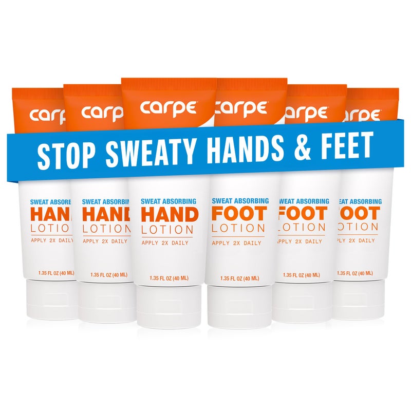 Carpe Sweat Absorbing Hand and Foot Lotion Bundle (3 Hand and 3 Foot Tubes), Stop Sweaty Hands and Sweaty, Smelly Feet, Dermatologist-Recommended - Image 1